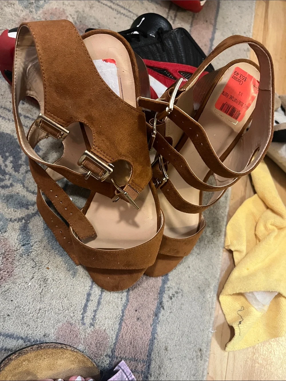 Kaari Blue Brown Suede Strappy Mid-Heel Sandals